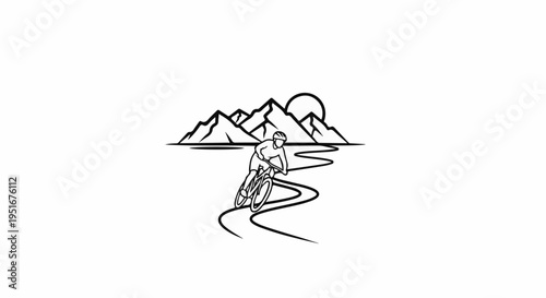 Mountain biker on a winding path with sun and mountains behind