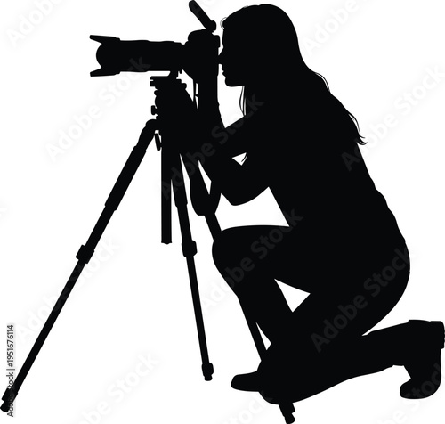 Photographer woman silhouette with camera on tripod, professional photography concept, creative work, shooting scene, minimal black white vector illustration
