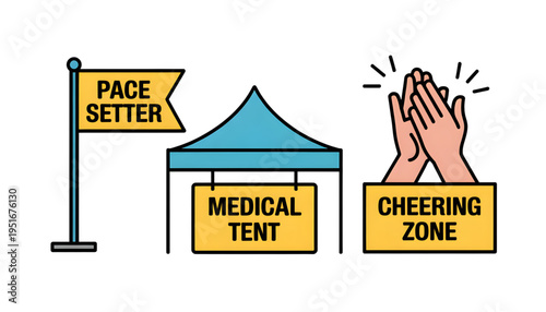 marathon event flat vector elements set with pace setter flag medical tent and cheering zone icons isolated on white background