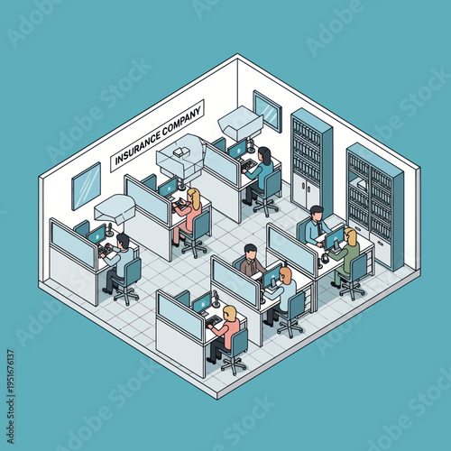 Insurance Company Office Workers at Desks.