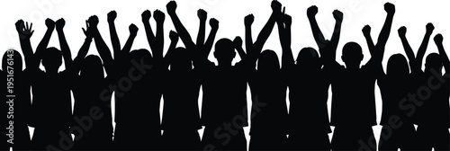 silhouette, crowd, people, raised, fists, protest, cheering, unity, activism, demonstration, power, social, movement, support, black, isolated, vector, illustration, energy, concept
