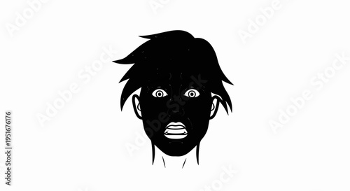 A black and white illustration of a terrified person's face with wide eyes and an open mouth
