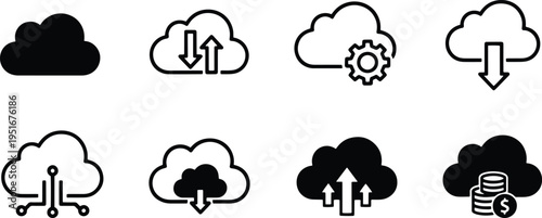 A set of vector line art cloud silhouettes with various icons for business and technology concepts