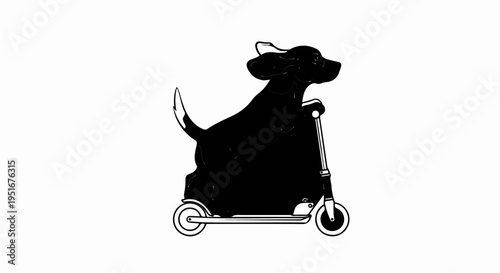 A black dog rides a scooter, its ears and tail are white