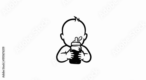 A simple black and white drawing of a baby holding a bottle with a spoon