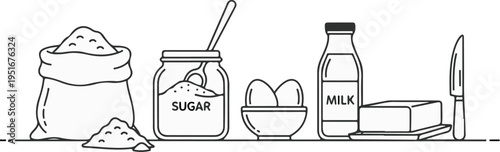 A minimalist illustration of baking ingredients sugar, eggs, milk, and butter with a knife