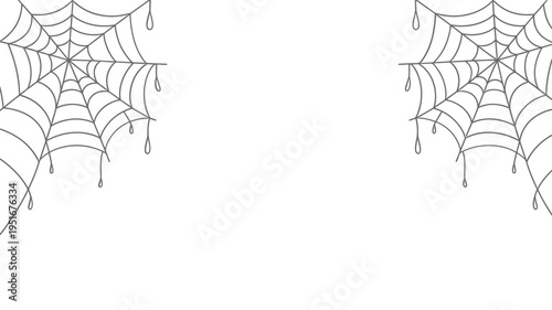 Two delicate spiderwebs with dripping strands against a white background