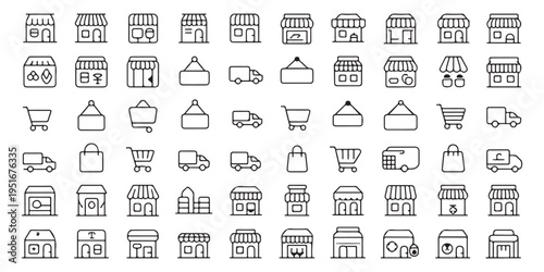 Collection of shopping and e-commerce line icons. Set of minimalist vector illustrations depicting storefronts, shopping carts, delivery trucks, and online store symbols for web and mobile application