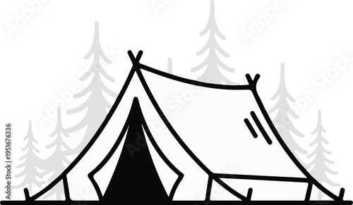 Simple illustration of a tent pitched in a forest with fir trees in the background