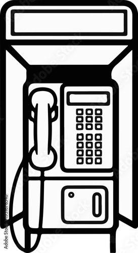 A simple line drawing depicts a classic public telephone booth with a handset and keypad