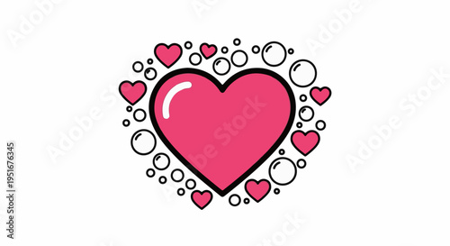 A large pink heart surrounded by smaller hearts and bubbles on a white background