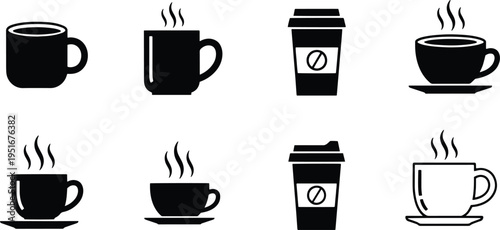A set of vector line art silhouettes of various coffee cups and mugs in different styles