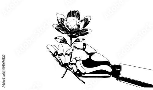 Human and Robot Hands Giving AI Flower Vector Valentine and Womens Day Card