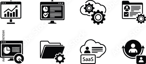 A set of vector line art silhouettes depicting various business and technology concepts in a modern style