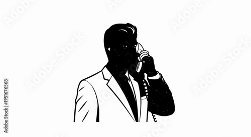 Vintage illustration of a man in a suit talking on an old-fashioned telephone