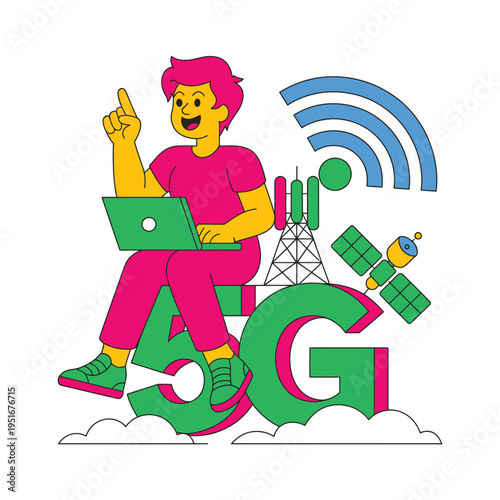 A vibrant cartoon illustration of a person with a laptop sitting on a 5G symbol surrounded by technology icons