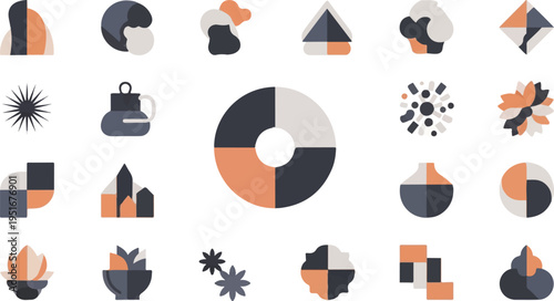 Geometric abstract icons in warm muted colors and soft shapes