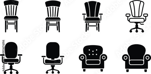 A set of vector line art silhouettes of various chairs and office furniture in black