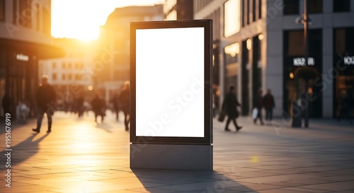 Blank vertical mupi billboard mockup on a busy pedestrian city square during a golden sunset with blurred people walking in the background area
