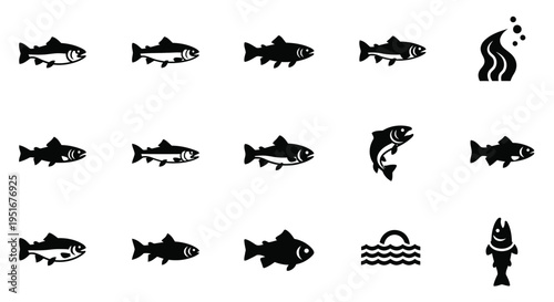 Fish icon set flat vector illustration for fishing sport emblem and aquaculture symbol