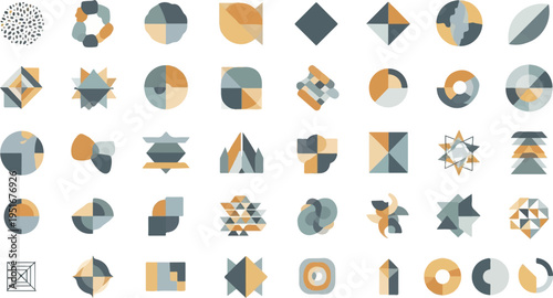 Geometric abstract shapes in muted tones of teal, beige, and gray arranged in a grid