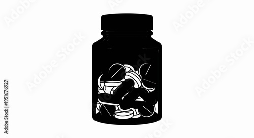 A black bottle filled with various pills, capsules, and tablets