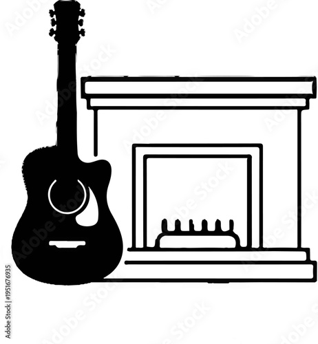 A black silhouette of an acoustic guitar stands beside a line art drawing of a fireplace