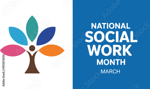 Minimalist National Social Work Month March Promotional Design with Tree Logo and Colorful Leaves on Blue Background Vector