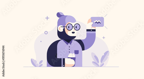 Geometric character with glasses holds a card with a zigzag pattern