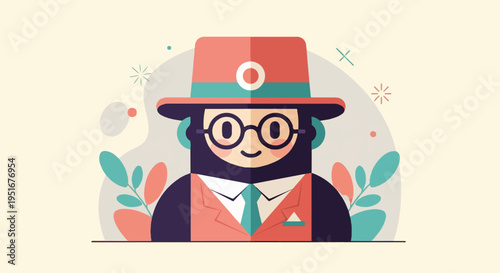 Geometric person in hat and glasses with abstract elements