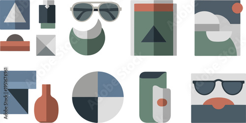 Geometric shapes and abstract objects in a muted color palette