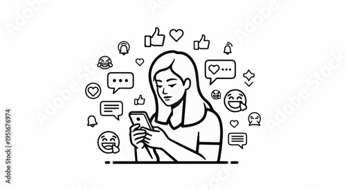 A line drawing depicts a woman engrossed in her smartphone, surrounded by social media icons