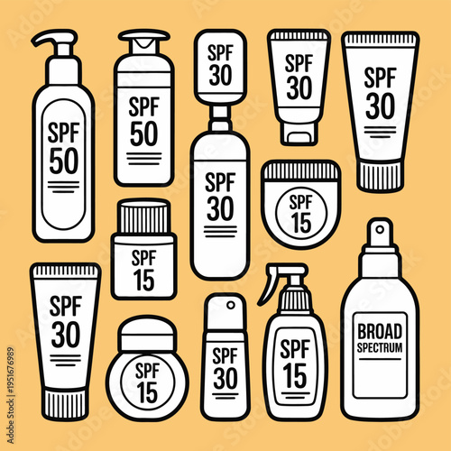 A collection of various sunscreen bottles and tubes with SPF labels