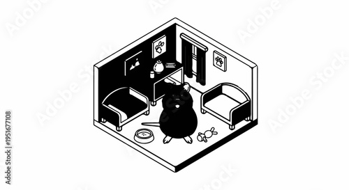 A black hamster sits in a room with pet beds, a food bowl, and toy