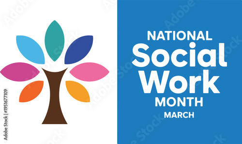 Minimalist National Social Work Month March Promotional Design with Tree Logo and Colorful Leaves on Blue Background Vector