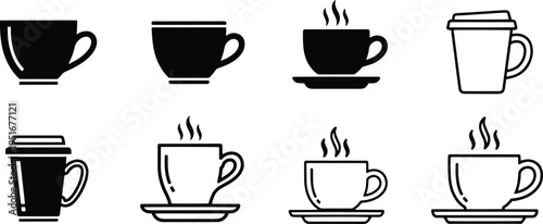 A set of vector line art coffee cups and mugs in silhouette style for design use