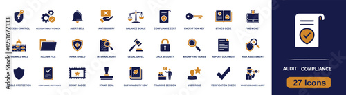 Audit compliance icon set. Containing access control, anti bribery, encryption, firewall, audit, report, risk, verification, whistleblower and more. Solid fill vector icons collection.