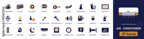 Air conditioner icon set. Containing compressor, filter, grill, blower, thermostat, plug, remote, smart AC, silent mode, cooling tower, wrench and more. Solid fill vector icons collection.