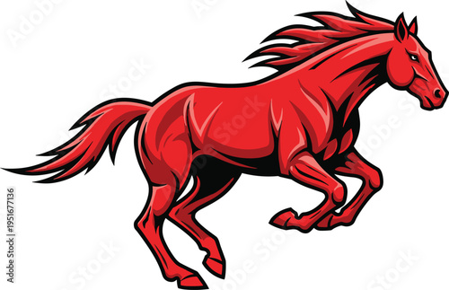 Red running horse mascot vector illustration, dynamic wild mustang galloping for sports logos, equestrian power, speed, and energetic animal branding designs.