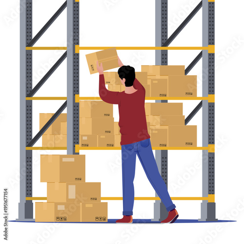 Male Warehouse Worker Organizing Cardboard Boxes on Industrial Metal Storage Racks