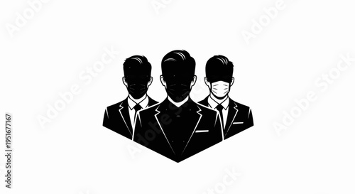 Three masked men in suits stand together