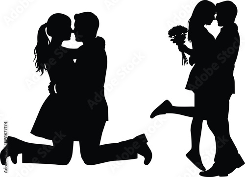 Romantic couple silhouettes set with man and woman hugging, kissing, and proposing, vector illustrations for wedding, Valentine’s Day, and love designs.