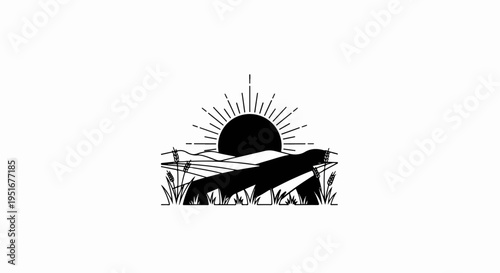 Stylized sunrise over agricultural fields with wheat stalks