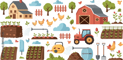 Farm Life and Agriculture Illustration Set with Barn, Tractor, Chickens, Vegetable Garden, Irrigation and Rural Landscape Elements
