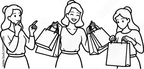 Three women are shown with shopping bags, with different expressions and actions