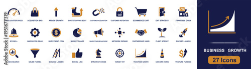Business growth icon set. Containing acquisition, retention, ecommerce, marketing, market share, sales funnel, partnership, strategy, traction, funding and more. Solid fill vector icons.