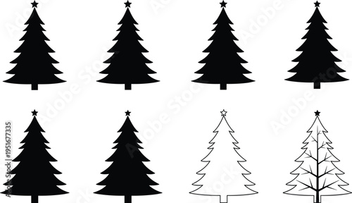 Set of Christmas tree silhouettes and line art icons with stars and trunk details for festive holiday graphic design projects