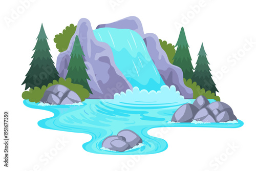 Vibrant waterfall cascades over gray rocks