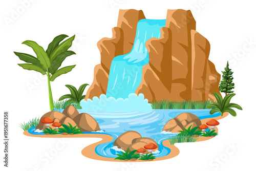 Bright waterfall cascades over brown cliffs