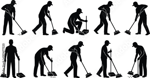 Black silhouette illustrations of person sweeping with broom and dustpan showing cleaning poses, household chores, hygiene and sanitation actions